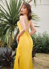 Silk midi dress with draped neckline and lace-up back for elegant evening occasions